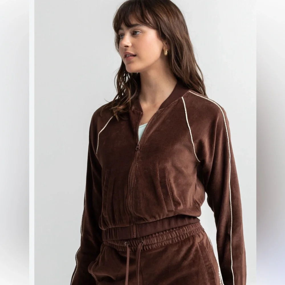 RSQ Milk Chocolate Piped Velour Track Jacket -‎ Size Medium EUC - Picture 2 of 7